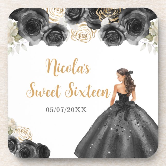 Floral Princess in Black Dress Sweet Sixteen Coaster (Front)