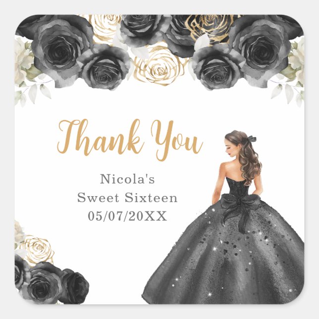 Floral Princess in Black Dress Sweet Sixteen Square Sticker (Front)