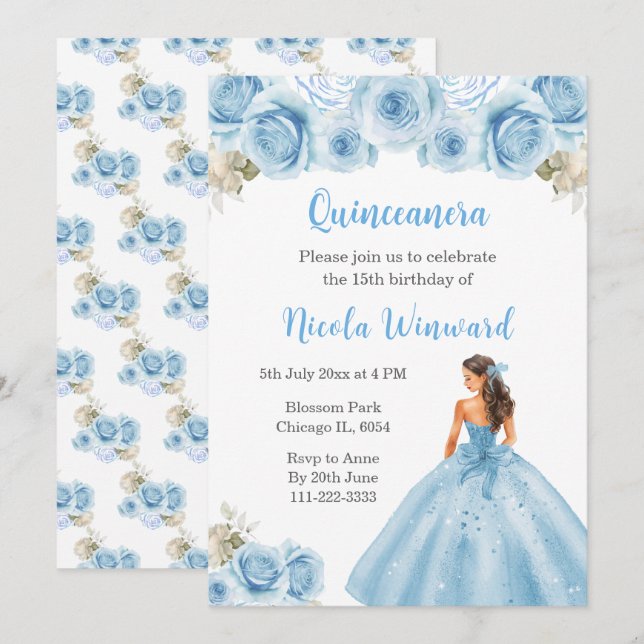 Floral Princess in Blue Dress Quinceanera Invitation (Front/Back)
