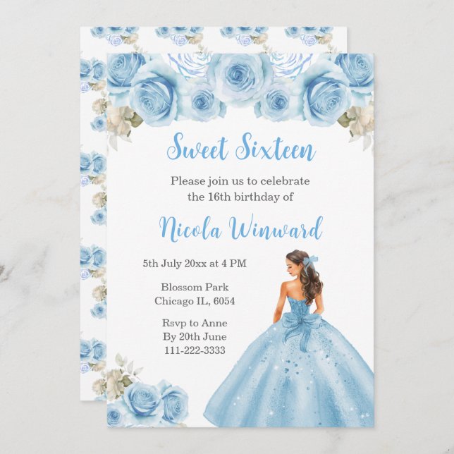 Floral Princess in Blue Dress Sweet Sixteen Invitation (Front/Back)
