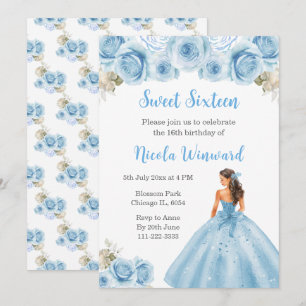 Floral Princess in Blue Dress Sweet Sixteen Invitation