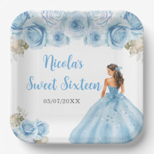 Floral Princess in Blue Dress Sweet Sixteen Paper Plate