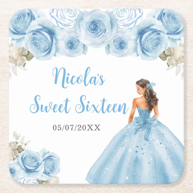 Floral Princess in Blue Dress Sweet Sixteen Square Paper Coaster (Front)