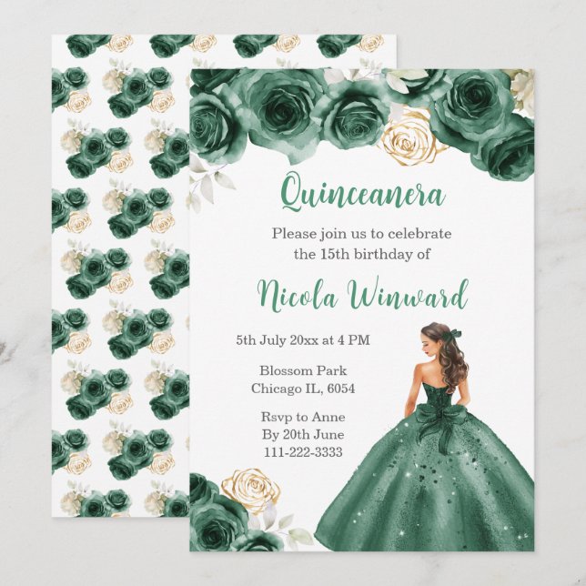 Floral Princess in Dark Green Dress Quinceanera Invitation (Front/Back)