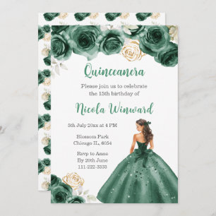 Floral Princess in Dark Green Dress Quinceanera Invitation