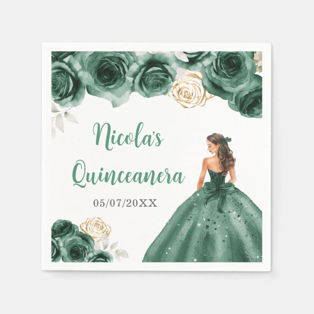 Floral Princess in Dark Green Dress Quinceanera  Napkin (Front)