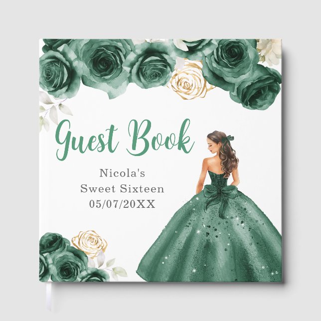 Floral Princess in Dark Green Dress Sweet Sixteen Guest Book (Front)
