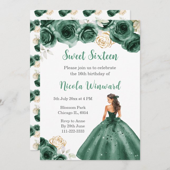 Floral Princess in Dark Green Dress Sweet Sixteen Invitation (Front/Back)