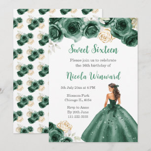 Floral Princess in Dark Green Dress Sweet Sixteen Invitation