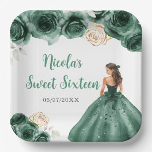 Floral Princess in Dark Green Dress Sweet Sixteen Paper Plate