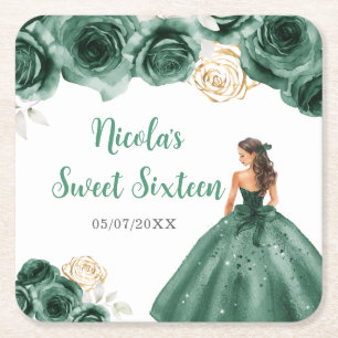 Floral Princess in Dark Green Dress Sweet Sixteen Square Paper Coaster