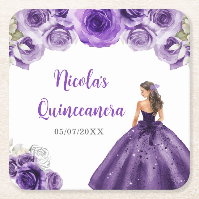 Floral Princess in Dark Purple Dress Quinceanera  Square Paper Coaster (Front)