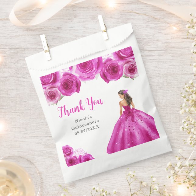 Floral Princess in Hot Pink Dress Quinceanera Favour Bag (Clipped)