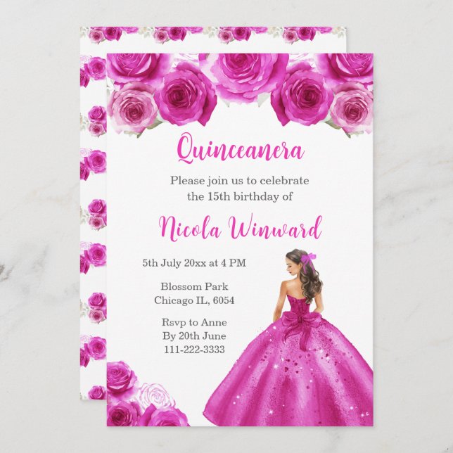 Floral Princess in Hot Pink Dress Quinceanera Invitation (Front/Back)