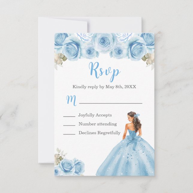 Floral Princess in Light Blue Dress Quinceanera RSVP Card (Front)