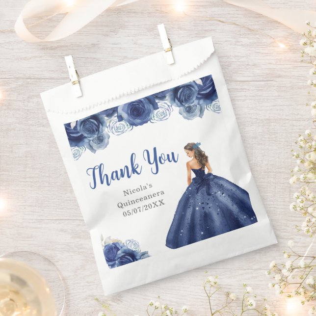 Floral Princess in Navy Blue Dress Quinceanera Favour Bag (Clipped)