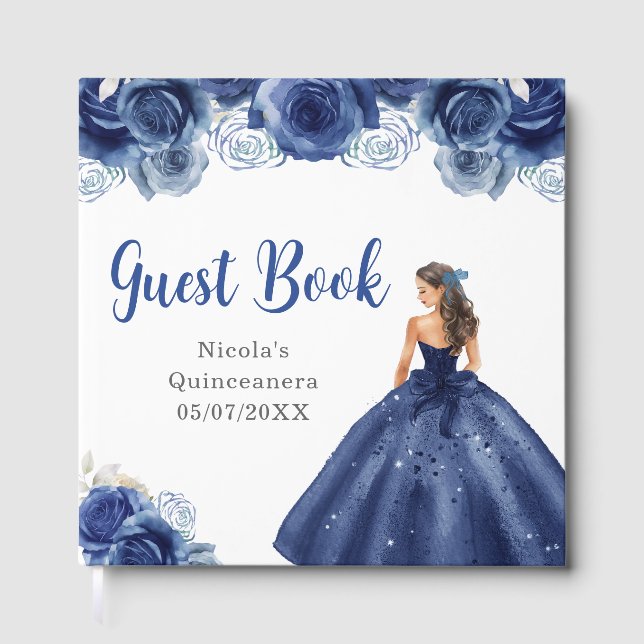 Floral Princess in Navy Blue Dress Quinceanera Guest Book (Front)