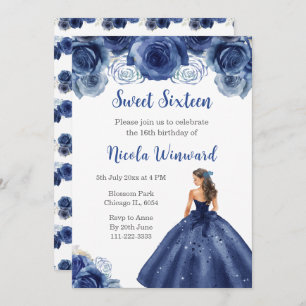 Floral Princess in Navy Blue Dress Sweet Sixteen Invitation