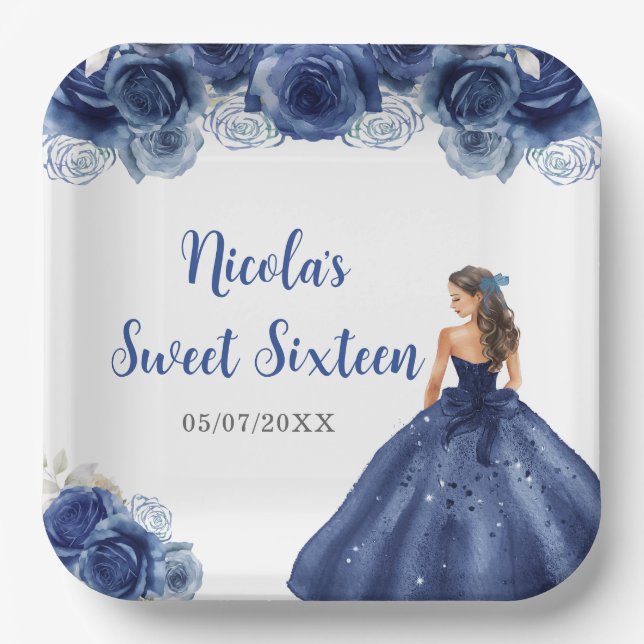 Floral Princess in Navy Blue  Dress Sweet Sixteen  Paper Plate (Front)