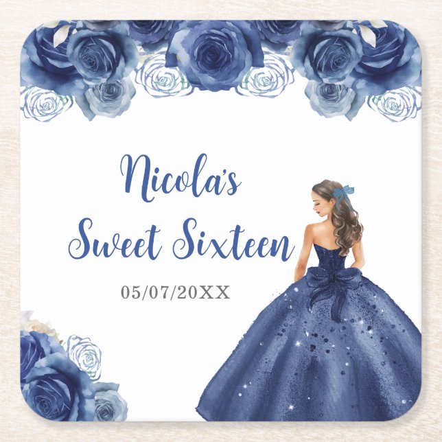 Floral Princess in Navy Blue Dress Sweet Sixteen  Square Paper Coaster (Front)