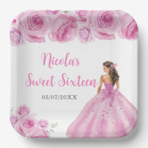 Floral Princess in Pink Dress Sweet Sixteen Paper Plate