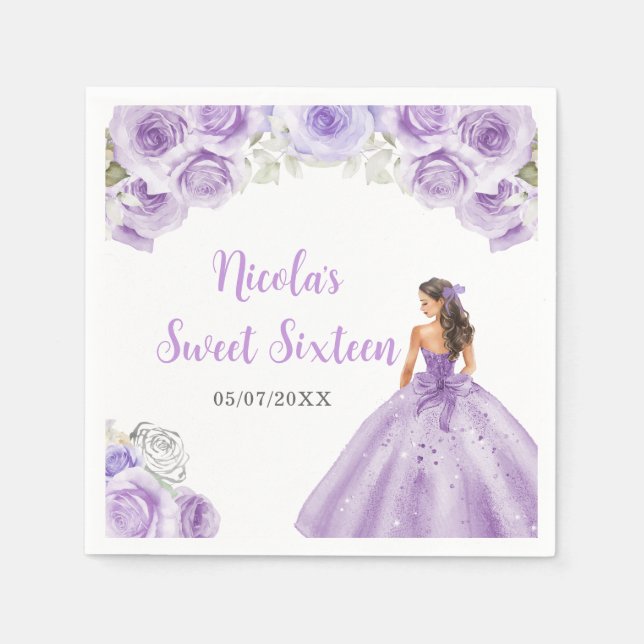 Floral Princess in Purple Dress Sweet Sixteen  Napkin (Front)