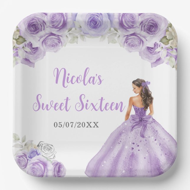 Floral Princess in Purple Dress Sweet Sixteen  Paper Plate (Front)