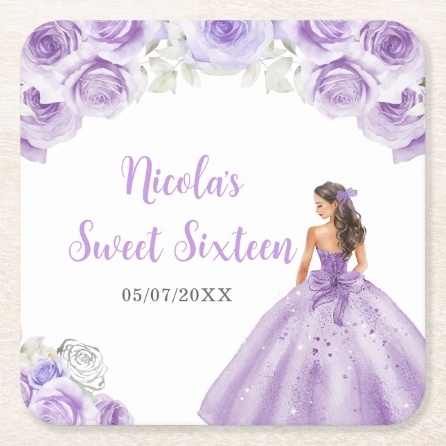 Floral Princess in Purple Dress Sweet Sixteen  Square Paper Coaster (Front)