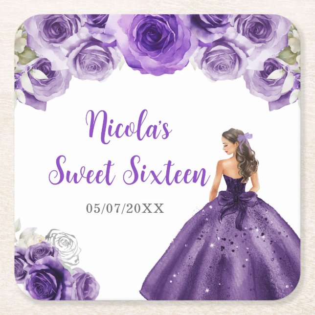Floral Princess in Purple Dress Sweet Sixteen  Square Paper Coaster (Front)