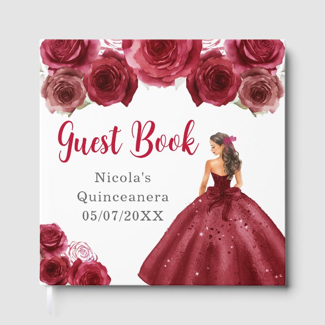 Floral Princess in Red Dress Quinceanera Guest Book (Front)