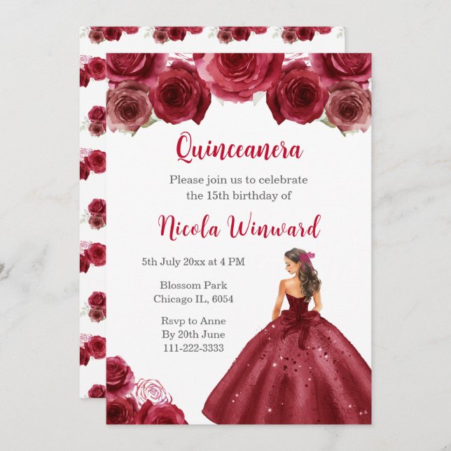 Floral Princess in Red Dress Quinceanera Invitation (Front/Back)