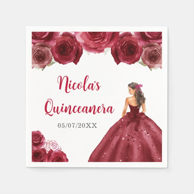 Floral Princess in Red Dress Quinceanera Napkin (Front)