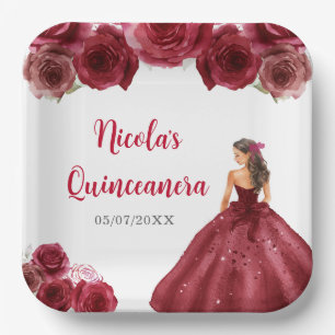 Floral Princess in Red Dress Quinceanera Paper Plate
