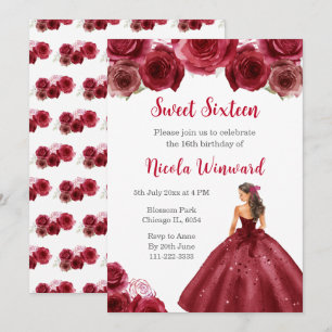 Floral Princess in Red Dress Sweet Sixteen Invitation