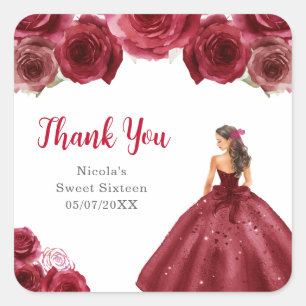 Floral Princess in Red Dress Sweet Sixteen Square Sticker