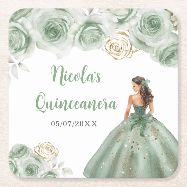 Floral Princess in Sage Green Dress Quinceanera  Square Paper Coaster (Front)
