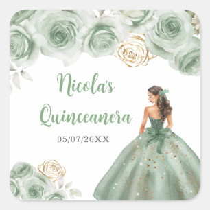 Floral Princess in Sage Green Dress Quinceanera  Square Sticker