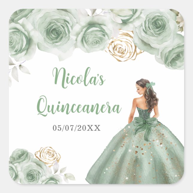 Floral Princess in Sage Green Dress Quinceanera  Square Sticker (Front)