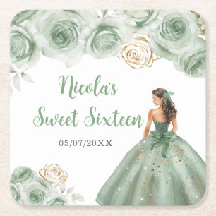 Floral Princess in Sage Green Dress Sweet Sixteen Square Paper Coaster