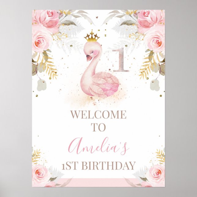 Floral Princess Swan 1st Birthday Welcome Sign (Front)
