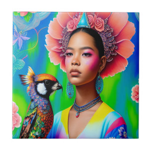 Floral princess with a bird ceramic tile