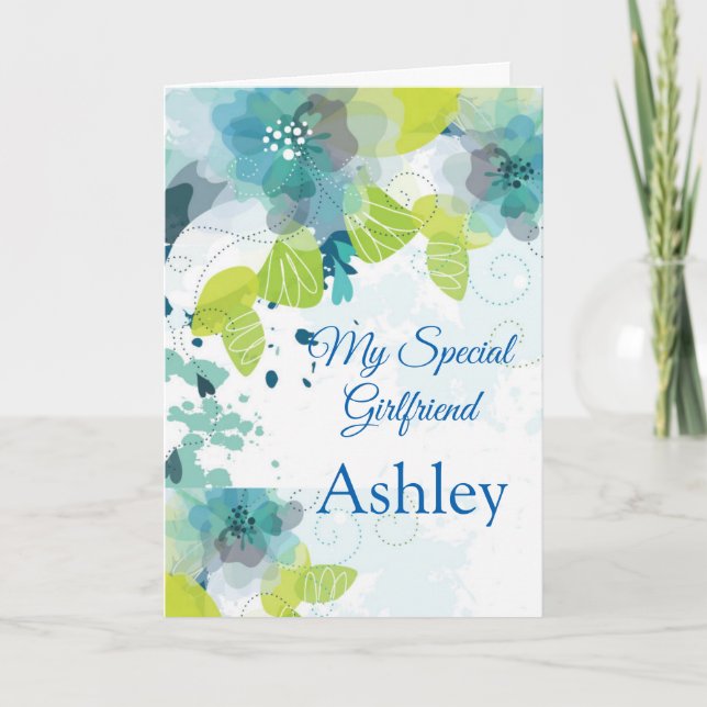 Floral Print Custom Name Birthday Card-Girlfriend  Card (Front)