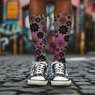  Floral Print Pop Art Pattern Cute Girly Boho Grey Socks