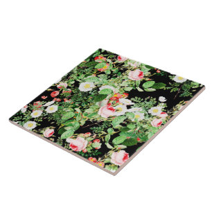 Floral Print Rose Pink & White Flowers On Black Ceramic Tile