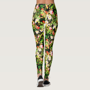 Floral Print Rose Pink & White Flowers On Black Leggings