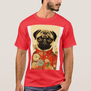 Floral Pug Dog Portrait in Suit Vintage Art T-Shirt