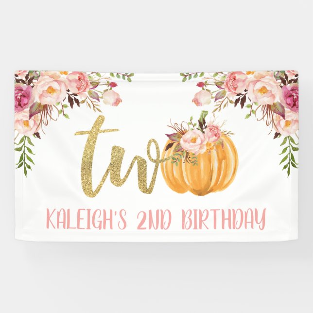 Floral Pumpkin 2nd Birthday Banner - Girl (Horizontal)