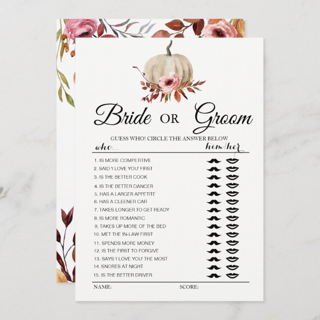 Floral pumpkin Bride or Groom game  Invitation (Front/Back)