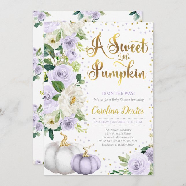 Floral Pumpkin Fall Baby Shower Purple Roses Invitation (Front/Back)