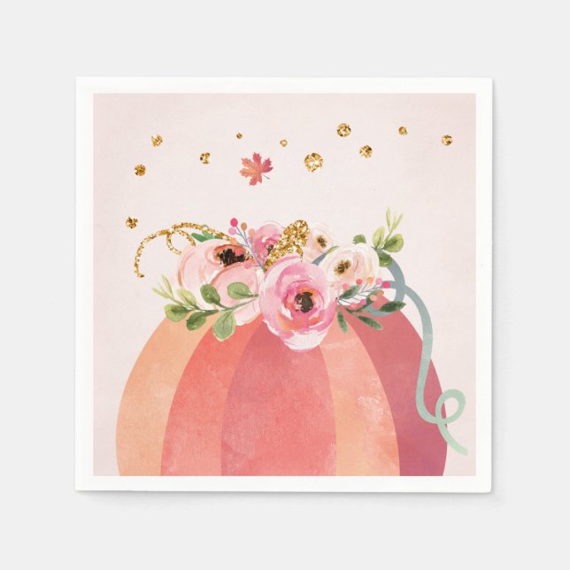 Floral Pumpkin Fall Girl Pink Gold Birthday Napkin (Front)